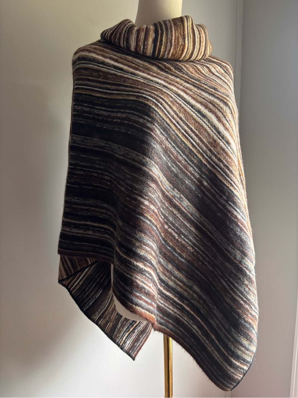 Striped Multi-Tone Poncho - Brown & Cream
